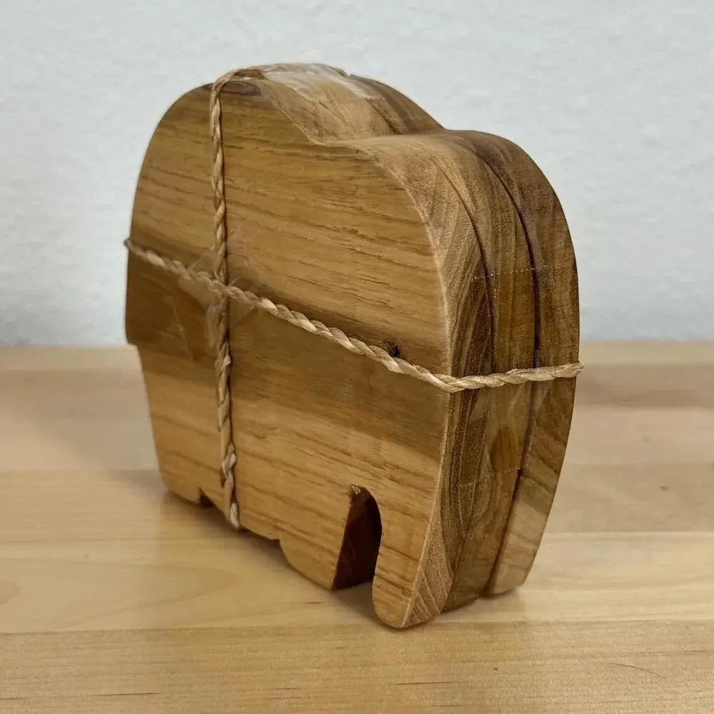 Wooden Elephant-Shaped Coaster Set of 3 Leave‎ Inlay Teak Wood NIB